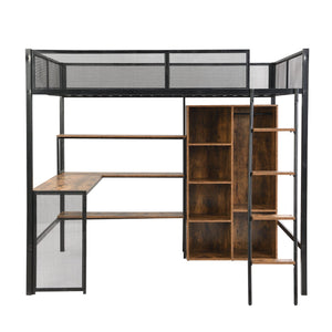 English Elm Full Full Size Metal Loft Bed with Built-In Desk, Wardrobe & Shelves in Black — Space-Saving, Sturdy Design (Fits 6" Mattress) GX001134AAB