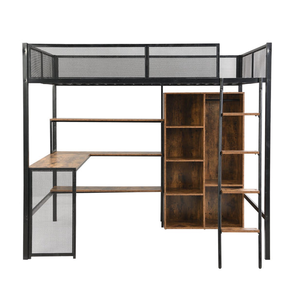 English Elm Full Full Size Metal Loft Bed with Built-In Desk, Wardrobe & Shelves in Black — Space-Saving, Sturdy Design (Fits 6" Mattress) GX001134AAB