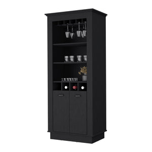 English Elm Hampton Tall Bar Cabinet with Wine Rack Glass Holder and Enclosed Storage Shelves B128S00226