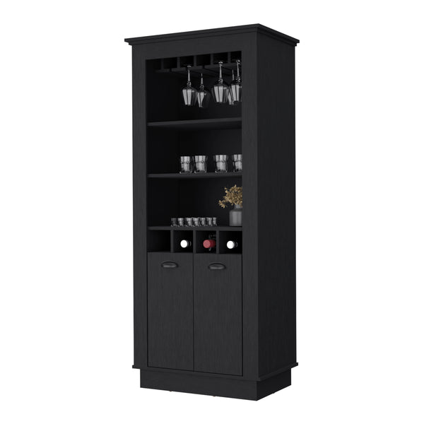 English Elm Hampton Tall Bar Cabinet with Wine Rack Glass Holder and Enclosed Storage Shelves B128S00226