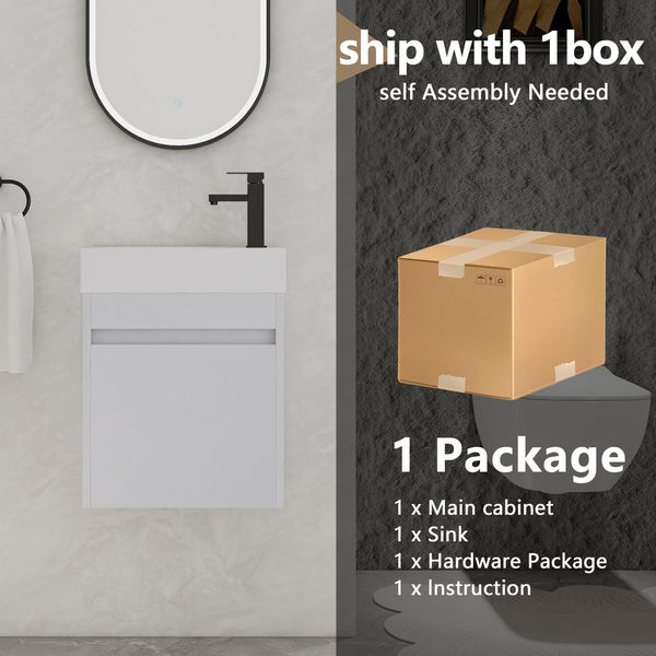English Elm 18'' Floating Wall Vanity with Resin Sink, Open Shelf Storage, Eco-Friendly Plywood, Soft-Close Door White Straight Grain W99936243