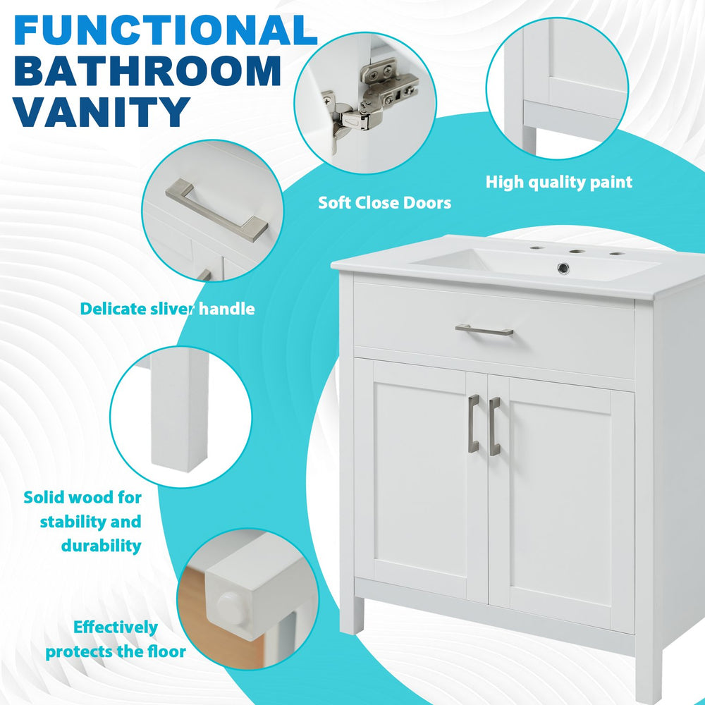 English Elm 30-Inch Bathroom Vanity With Ceramic Sink And Storage - Ideal For Space-Saving Small Bathrooms! WF530809AAK
