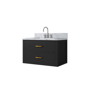 English Elm Black Single Bath Vanity With Elegant Carrara Marble Top & Chrome Faucet - Stylish Storage Solution! B2731P257917