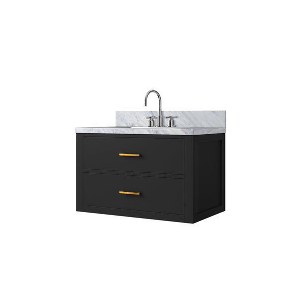 English Elm Black Single Bath Vanity With Elegant Carrara Marble Top & Chrome Faucet - Stylish Storage Solution! B2731P257917