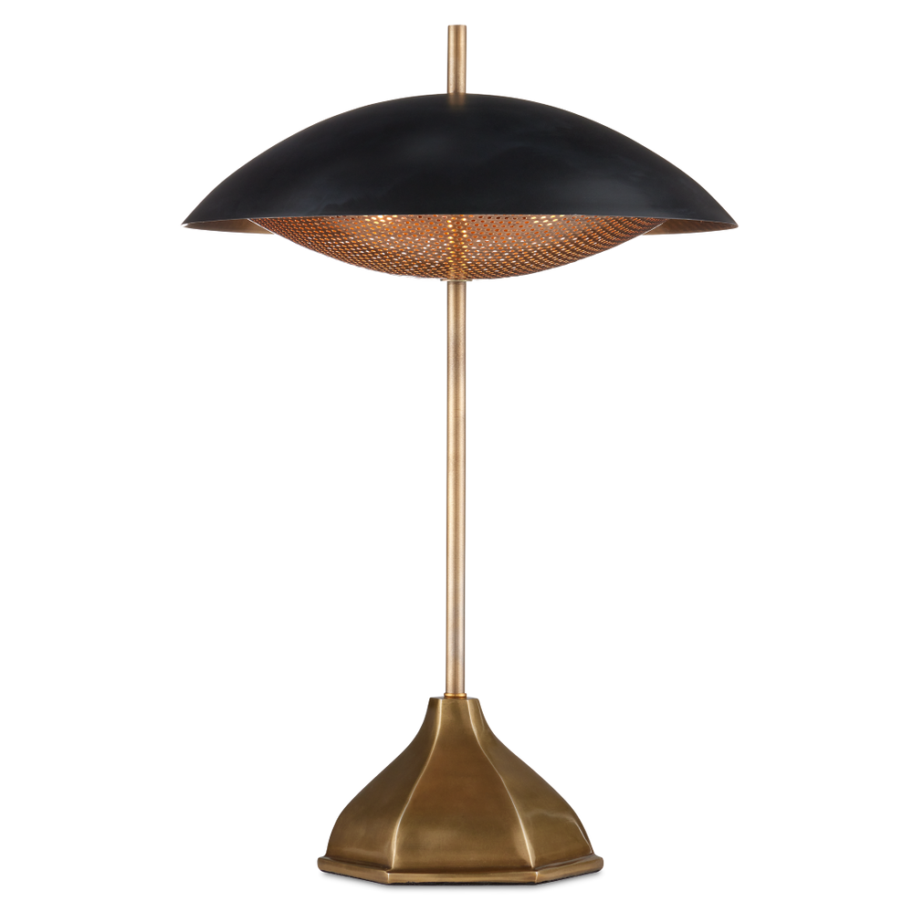 Domville Modern Table Lamp - Antique Brass & Black Metal Shade with Unique Hexagonal Base Design