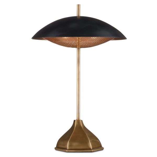 Domville Modern Table Lamp - Antique Brass & Black Metal Shade with Unique Hexagonal Base Design