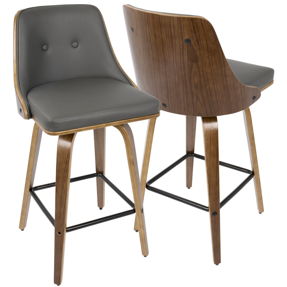 English Elm 26" Mid-century Walnut Counter Stools Tufted Faux Leather Swivel Seat Set of 2 B202S00297