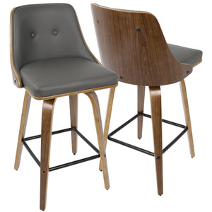 English Elm 26" Mid-century Walnut Counter Stools Tufted Faux Leather Swivel Seat Set of 2 B202S00297