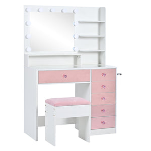 English Elm Vanity Desk with Hollywood Bulbs Glass Top Pink Glam Drawers and Cushioned Stool N704P340246K