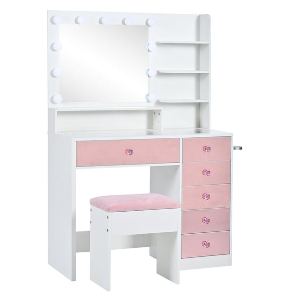 English Elm Vanity Desk with Hollywood Bulbs Glass Top Pink Glam Drawers and Cushioned Stool N704P340246K