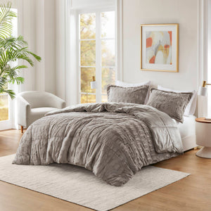 English Elm 3 Piece Shaggy Faux Fur Comforter Set Plush Lodge Style Hypoallergenic Bedding Gray B035P319597