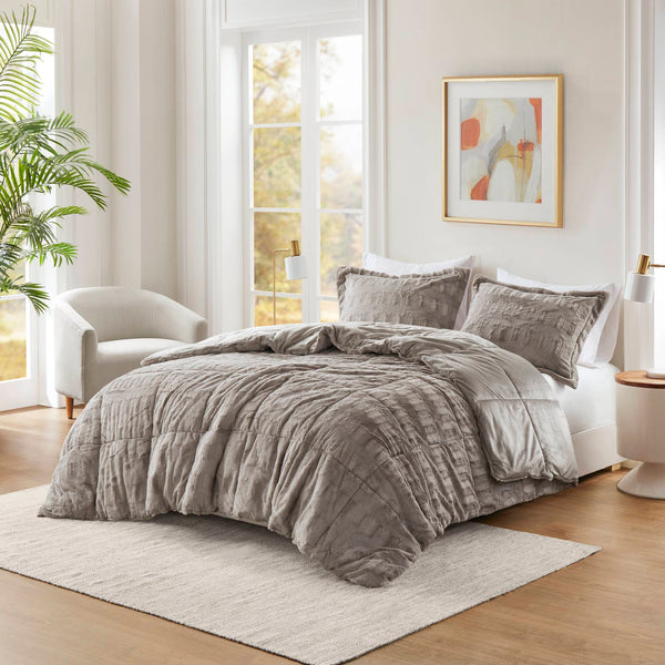 English Elm 3 Piece Shaggy Faux Fur Comforter Set Plush Lodge Style Hypoallergenic Bedding Gray B035P319597