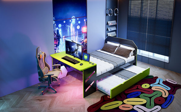 English Elm Full Size Wood Daybed with Twin Trundle Desk and Usb Charging for Teen Rooms Green LT000262AAG