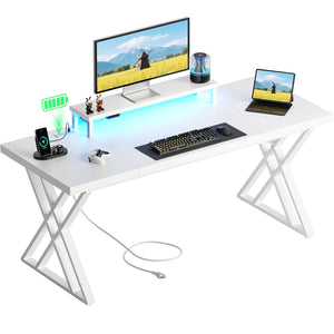 English Elm Thick Gaming Desk with USB Power Station, LED Mood Lighting, Monitor Riser & Waterproof Top for Home Setup White W1550P288548