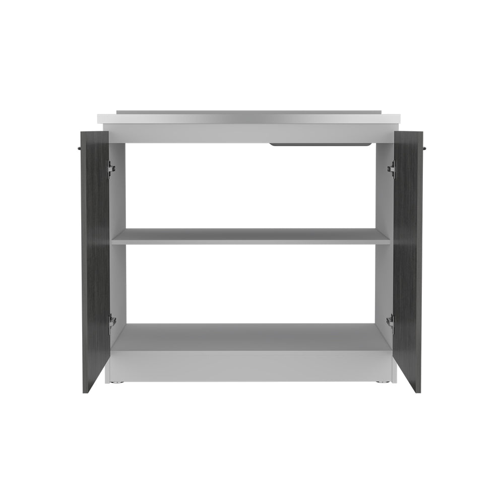 English Elm Freestanding Sink Cabinet With Double Doors & Adjustable Shelves In White And Smokey Oak Finish B097S00138