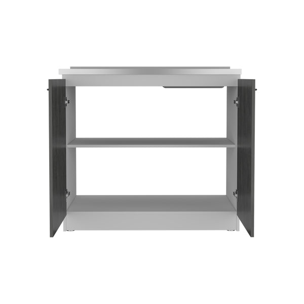 English Elm Freestanding Sink Cabinet With Double Doors & Adjustable Shelves In White And Smokey Oak Finish B097S00138
