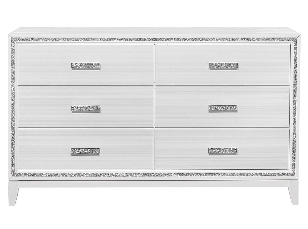 English Elm ALMERA Glam Transitional 5-Drawer Chest with Glitter Finish, Solid Wood & MDF Construction, Elegant Storage White 66.38 L x 19.92 W x 37.28 H B201P226184