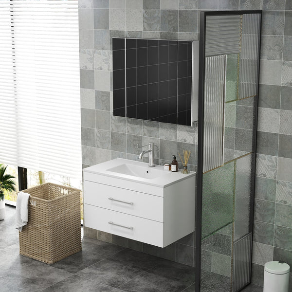 English Elm 32-Inch Wall-Mounted Bathroom Vanity With Soft-Close Drawers & Ceramic Sink For Modern Spaces W3151S00017