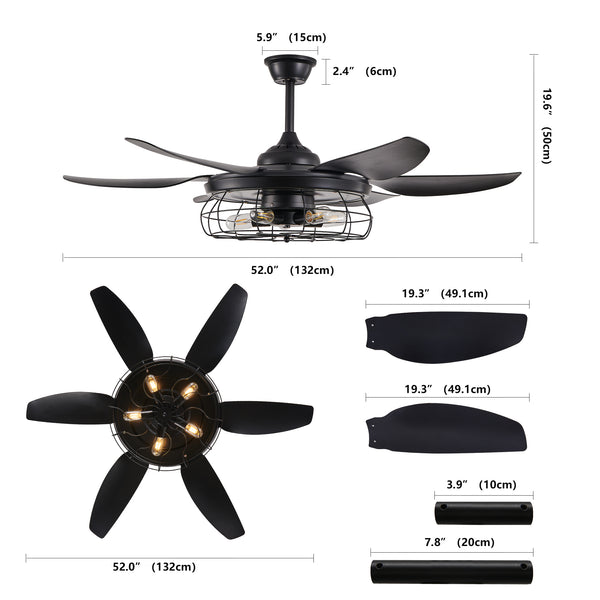 English Elm 52" Modern Black Ceiling Fan with Light Remote, 6-Blade Industrial Cage, Silent DC Motor, Reversible Speed W1340P272386