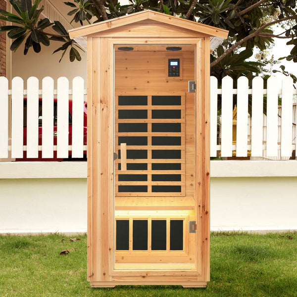 English Elm One Person Outdoor Far Infrared Sauna Aged Fir Wood Spa with Led Audio Panel W632S00013