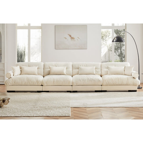 English Elm Super Comfort Modular Velvet Sectional Sofa With Movable Ottoman – Cloud-Like Deep Seat Couch In Cream W714S01074-GIGA