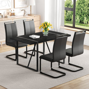 English Elm Black Faux Wood Grain Mdf Dining Set with Arched Metal Legs and Pu Chairs W1151S04364