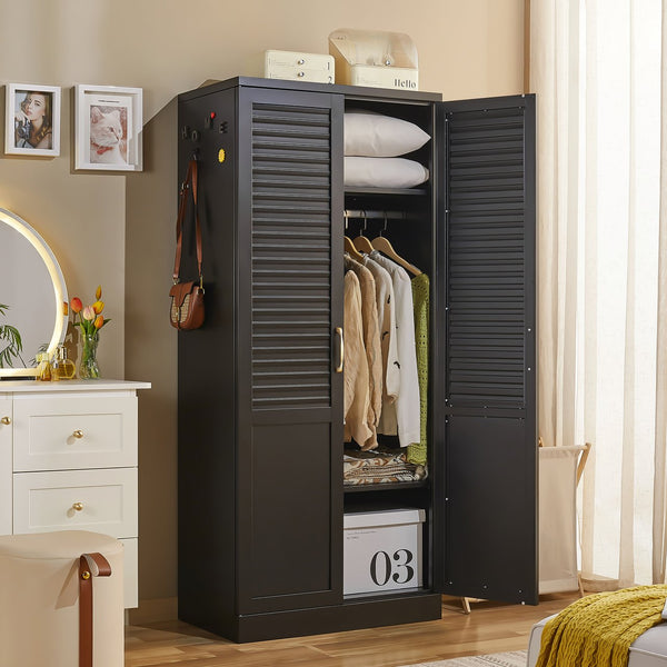 English Elm Armoire Steel Frame Open Wardrobe with Full Length Mirror and Adjustable Shelving T5667P471070