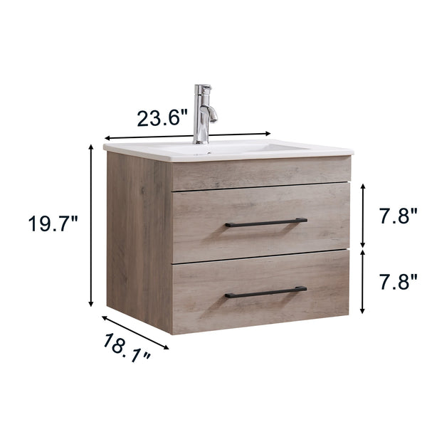 English Elm 24-Inch Modern Grey Wood Grain Wall-Mounted Bathroom Vanity With Soft-Close Drawers & Sink W3151S00014
