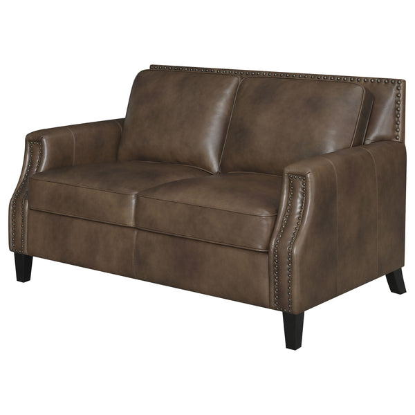 English Elm Gunderson Brown Sugar Top Grain Leather Loveseat with Recessed Track Arms, Brass Nailhead Trim & Espresso Feet B062P357776