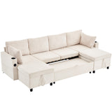 English Elm 111.8" Sectional Sofa Pull-Out Sofa Bed Versatile Sofa Sleeper With Large Storage Space, Two Usb Ports and Two Cup Holders For Living Room, Beige