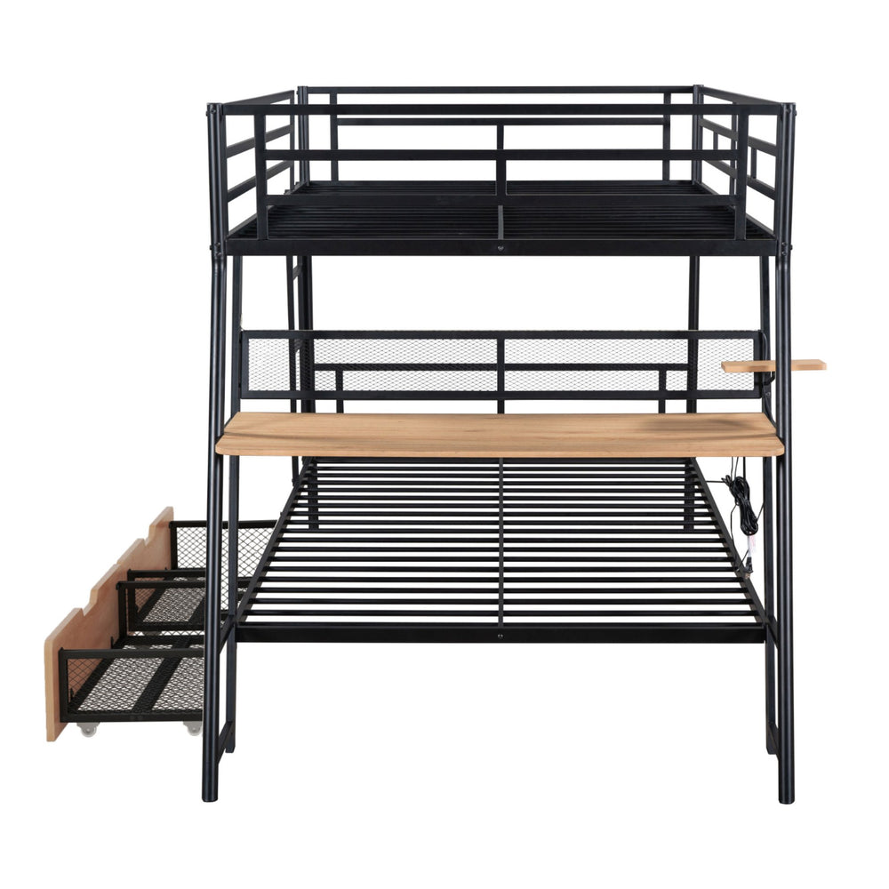 English Elm Full Full Size Metal Bunk Bed with Built-in Desk, Light, 2 Drawers, Shelves, Sturdy Space-Saver Black GX001517AAB