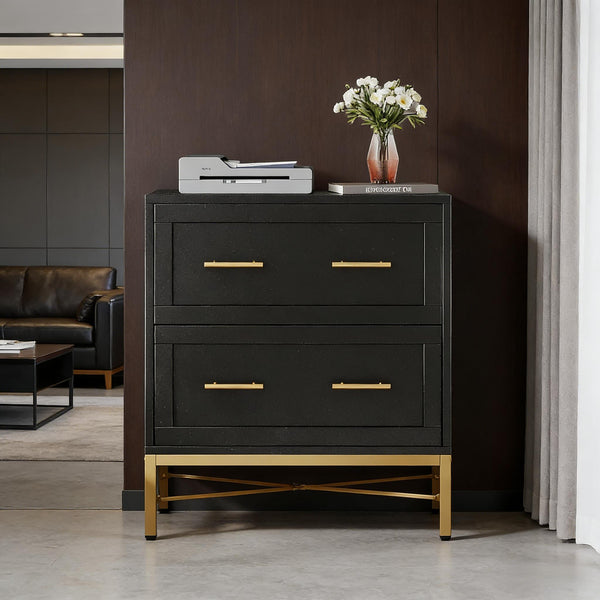 English Elm Multi-functional Nordic Filing Cabinet White Two Drawer Gold Handle Home Office Storage Black T3971P449965