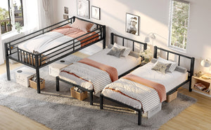 English Elm Twin Metal Triple Bunk Bed With Built-In Shelving, Space-Saving Design For Kids & Guests, Black Finish W1580S00118-GIGA