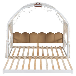 English Elm Twin Pinewood Ground-Level Canopy Bed with Arched Roof and Trundle for Kids—Whimsical, Sturdy Design White N820P181648K