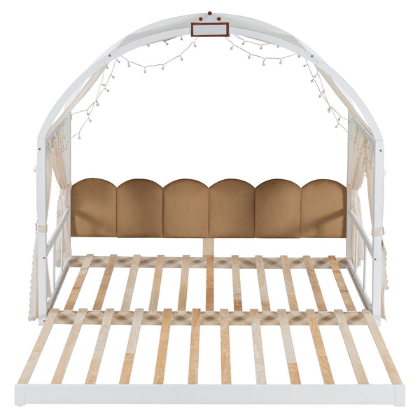 English Elm Twin Pinewood Ground-Level Canopy Bed with Arched Roof and Trundle for Kids—Whimsical, Sturdy Design White N820P181648K