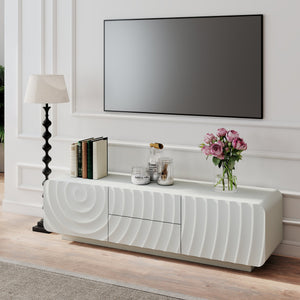 English Elm 58''tv Console Sculpted Spiral Wave Relief Walnut Mid-century Media Stand with Storage White W2263P412377