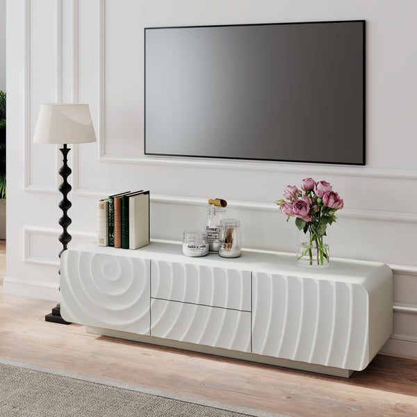 English Elm 58''tv Console Sculpted Spiral Wave Relief Walnut Mid-century Media Stand with Storage White W2263P412377