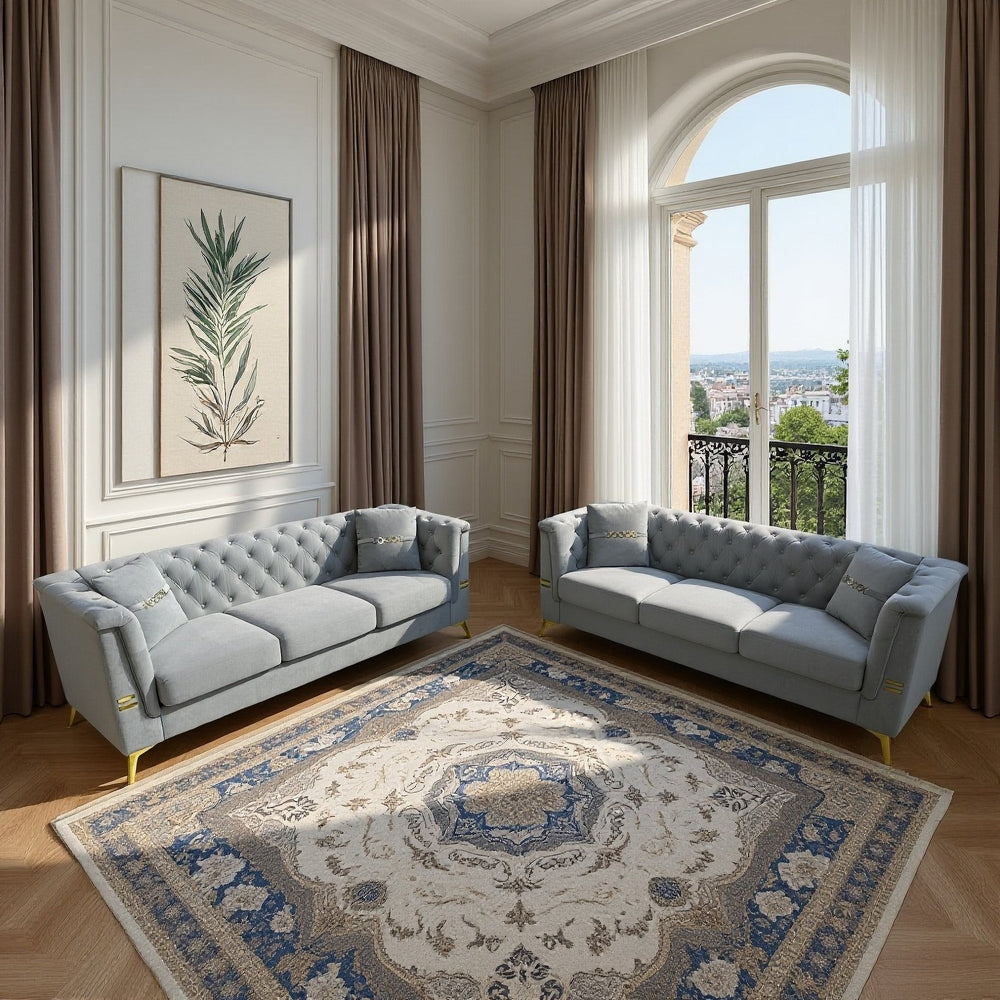 English Elm FX-P83-2PC Velvet Sofa Set of 2 with Tufted Cushions and Gold-Tone Metal Legs for Luxe Comfort Light Gray W576S00238