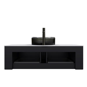 English Elm Dina Floating Bathroom Vanity with Crystal Glass Basin and Sintered Stone Top Black,Carrara White W2615S00248