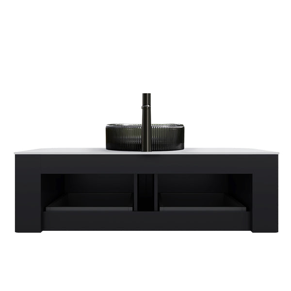 English Elm Dina Floating Bathroom Vanity with Crystal Glass Basin and Sintered Stone Top Black,Carrara White W2615S00248