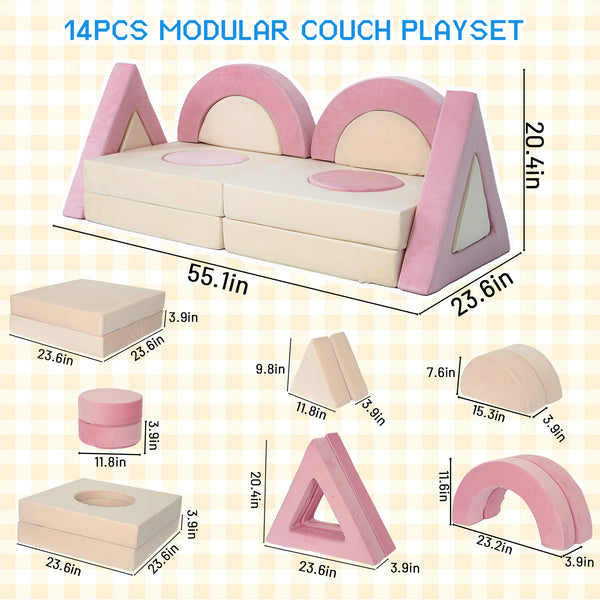 English Elm 14pcs Modular Foam Play Couch Set Convertible Toddler Fort Builder for Playrooms Pink+White T5880P493441