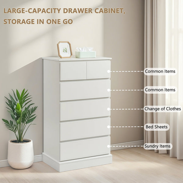 English Elm 6 Drawers Dresser with Hidden Handles, White Tall Chest, Anti-Tip Vertical Storage Cabinet for Home W3204P380678