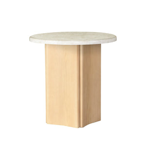 English Elm Qwin Marble Top End Table with Oak Finish — 32mm Marble Surface, Curved Wooden Base, 40lb Capacity B2726S00565