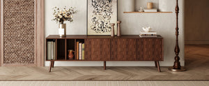 English Elm 68" Mid-century Walnut Media Console with Open Shelves and Soft-close Cabinet Storage N710P446195P