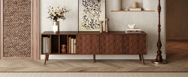 English Elm 68" Mid-century Walnut Media Console with Open Shelves and Soft-close Cabinet Storage N710P446195P