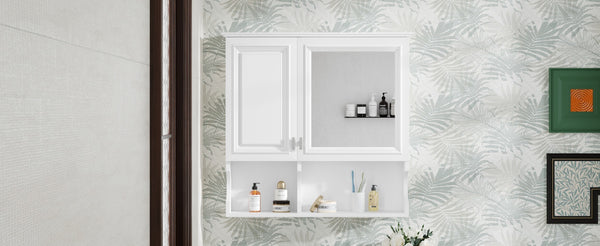 English Elm 30 30 Inch Mirror Medicine Cabinet with Half-Moon Design, Soft-Close Hinges, Open Shelf & Solid-Wood Frame White N710P322812K