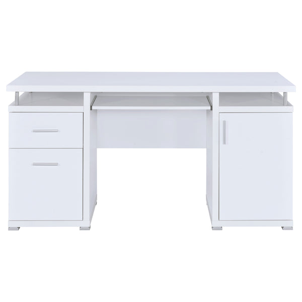 English Elm 1pc Modern 55-inch Computer Desk with Slide-Out Keyboard Tray, Adjustable Shelf & File Drawer, Silver Accents White 59.84 L x 26.97 W x 9.25 H B011P361982