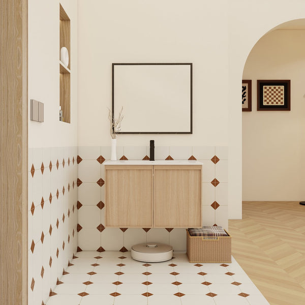 English Elm 30" Floating Bathroom Vanity Dark Oak Cabinet Ceramic Sink Open Shelf Soft Close Glossy White,Light Oak W3450P435844