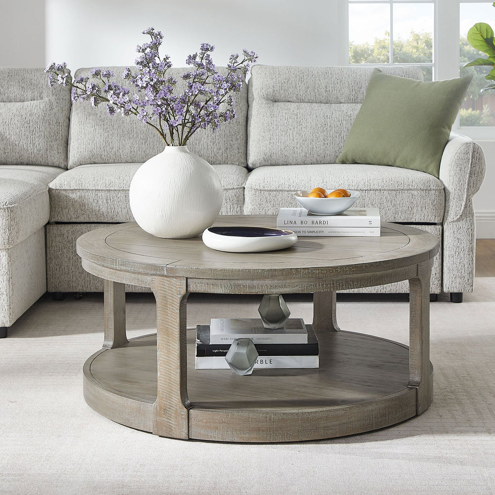 English Elm 40inch Two Tier Round Pine Wood Coffee Table with Wheels Rustic Vintage Living Room W2582P308198