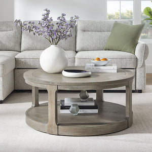 English Elm 40inch Two Tier Round Pine Wood Coffee Table with Wheels Rustic Vintage Living Room W2582P308198